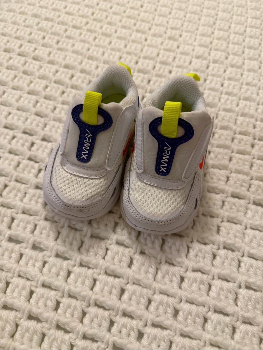 White Infant Nike AirMac Athletic Sneakers with Neon Yellow and Navy Accents